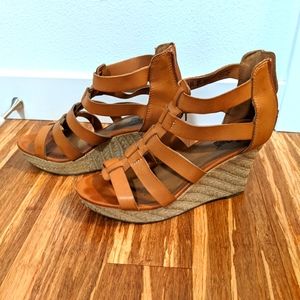 Tan strappy espadrille wedge heels